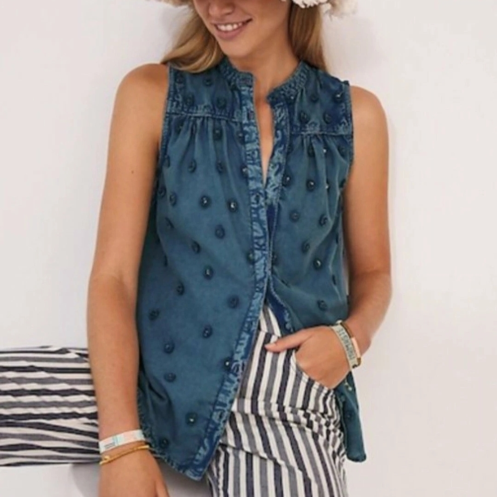 Anthropologie Blue Embroidered Button Down Shirt